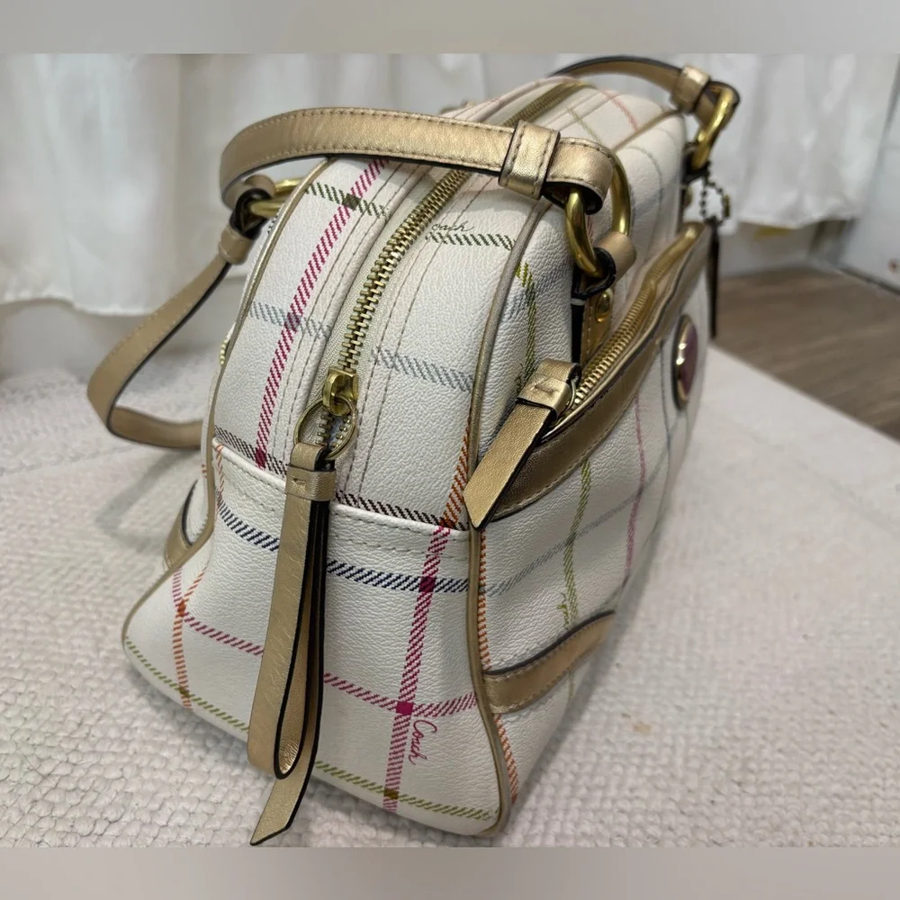 Coach F18837 Plaid Satchel Shoulder Bag White & Gold Metallic Trim